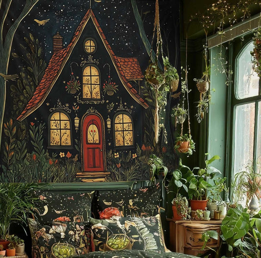 Dark Cottagecore Forest black house wall tapestry, Storybook style witchy home decor - sense forest