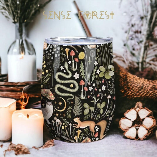 Dark Cottagecore Mushroom forest animal witchy 12oz Stainless Steel Insulated Wine Tumbler, Leak Proof Lid Outdoor drinking boho Travel Mug - sense forest