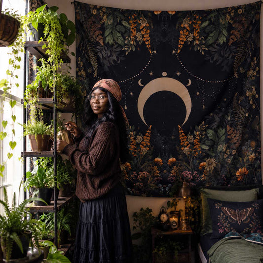 Dark cottagecore witchy moon forest tapestry, Boho mystical witch Indoor Wall Tapestry, Fern wildflower wall art dorm room decor wall hand - sense forest