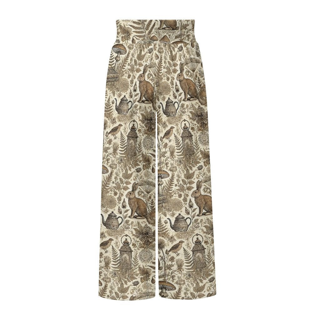 Earth Tone Forest Mushroom Bunny women's wide leg pants - sense forest