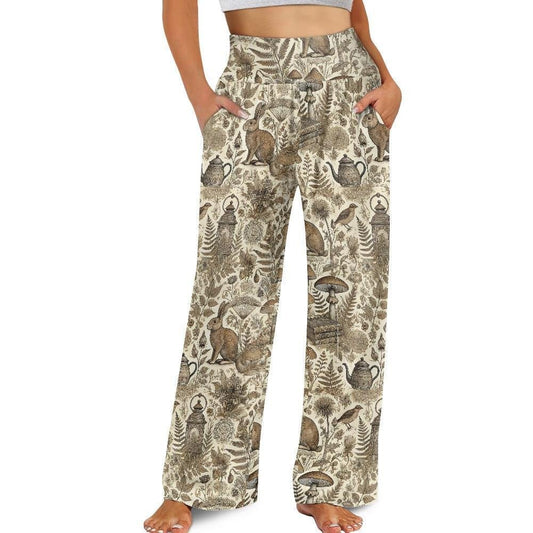 Earth Tone Forest Mushroom Bunny women's wide leg pants - sense forest