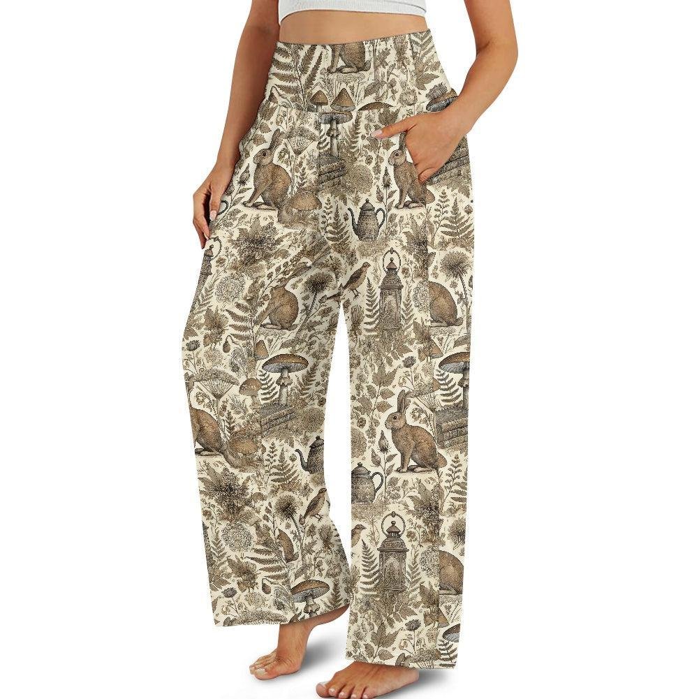 Earth Tone Forest Mushroom Bunny women's wide leg pants - sense forest