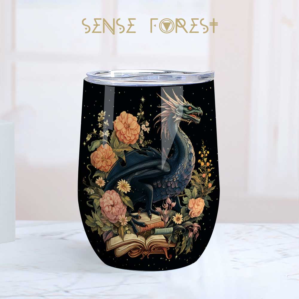 Fantasy Book loving Dragon Floral 12oz Stainless Steel Wine Tumbler | Sense Forest - sense forest