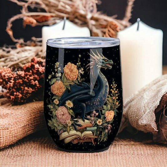 Fantasy Book loving Dragon Floral 12oz Stainless Steel Wine Tumbler | Sense Forest - sense forest