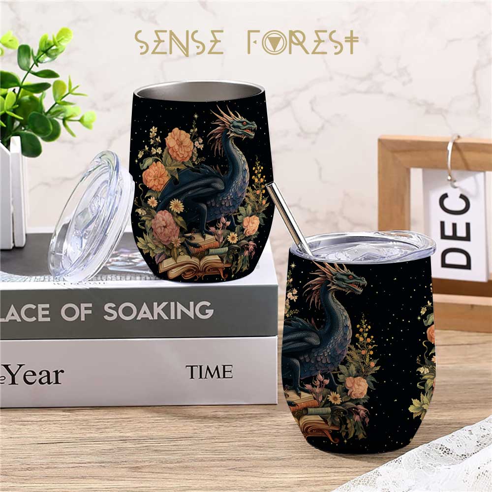 Fantasy Book loving Dragon Floral 12oz Stainless Steel Wine Tumbler | Sense Forest - sense forest