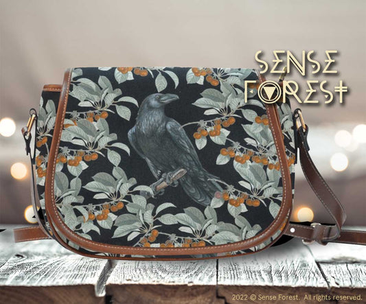 Cottagecore Cherry Bush Crow Canvas Saddle Bag | Sense Forest
