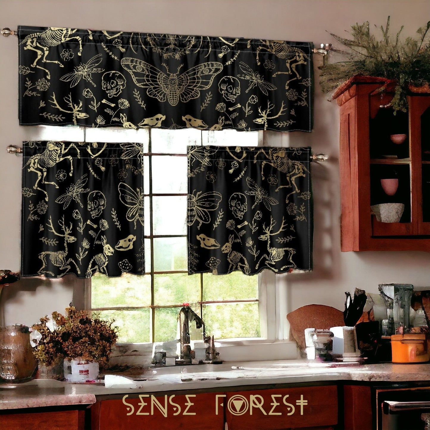 Forest animal bones skeleton Kitchen Curtain Valance and Tiers Set | Sense Forest - sense forest