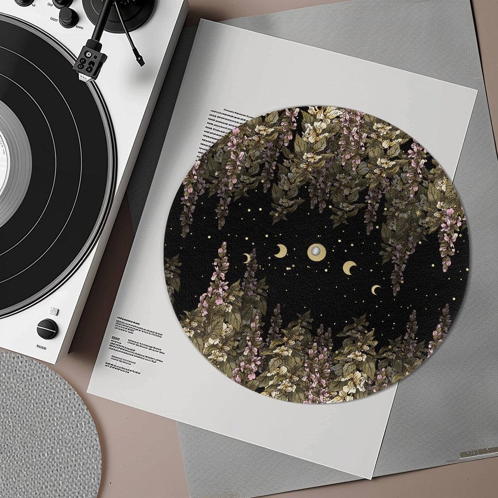Foxglove Moon Phase Dark Cottagecore Turntable Slipmat | Sense Forest - sense forest