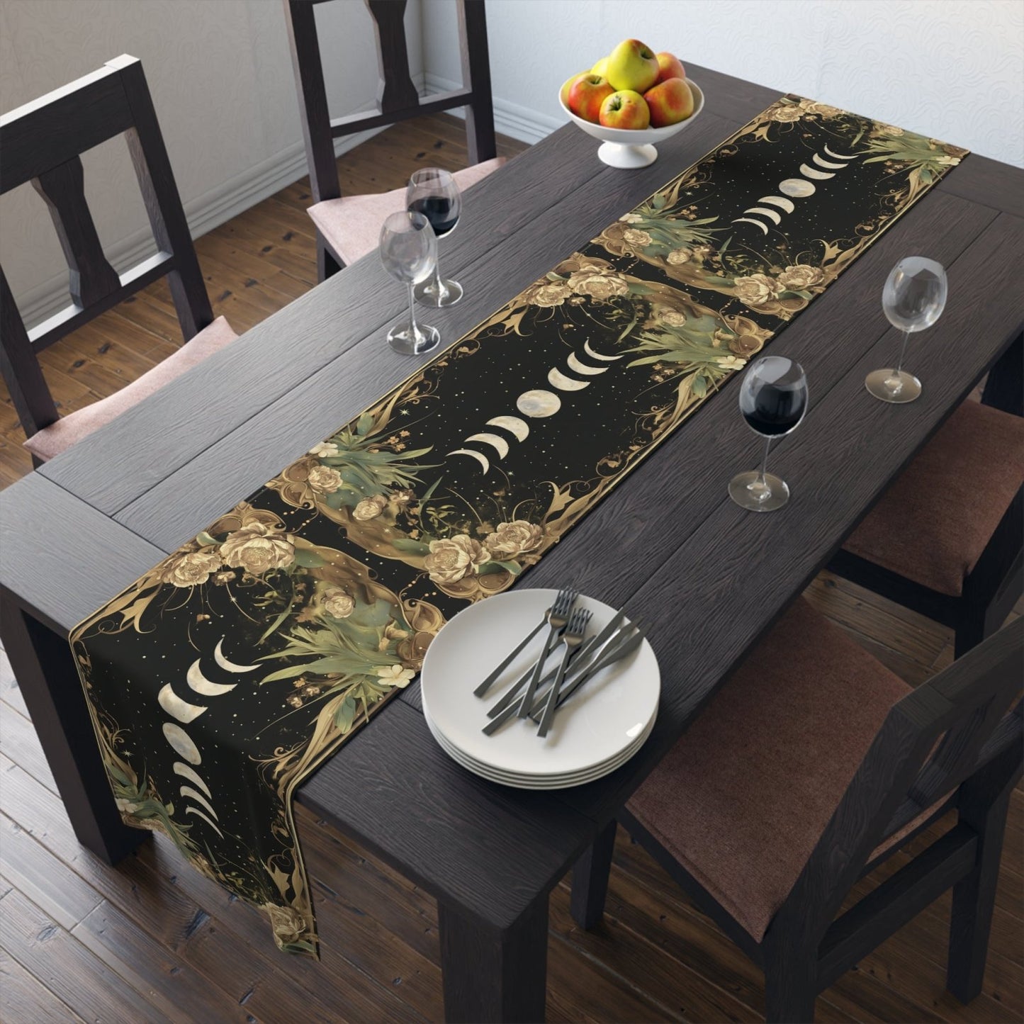Green Gold moon phase floral whimsical dinner table runner cloth - sense forest