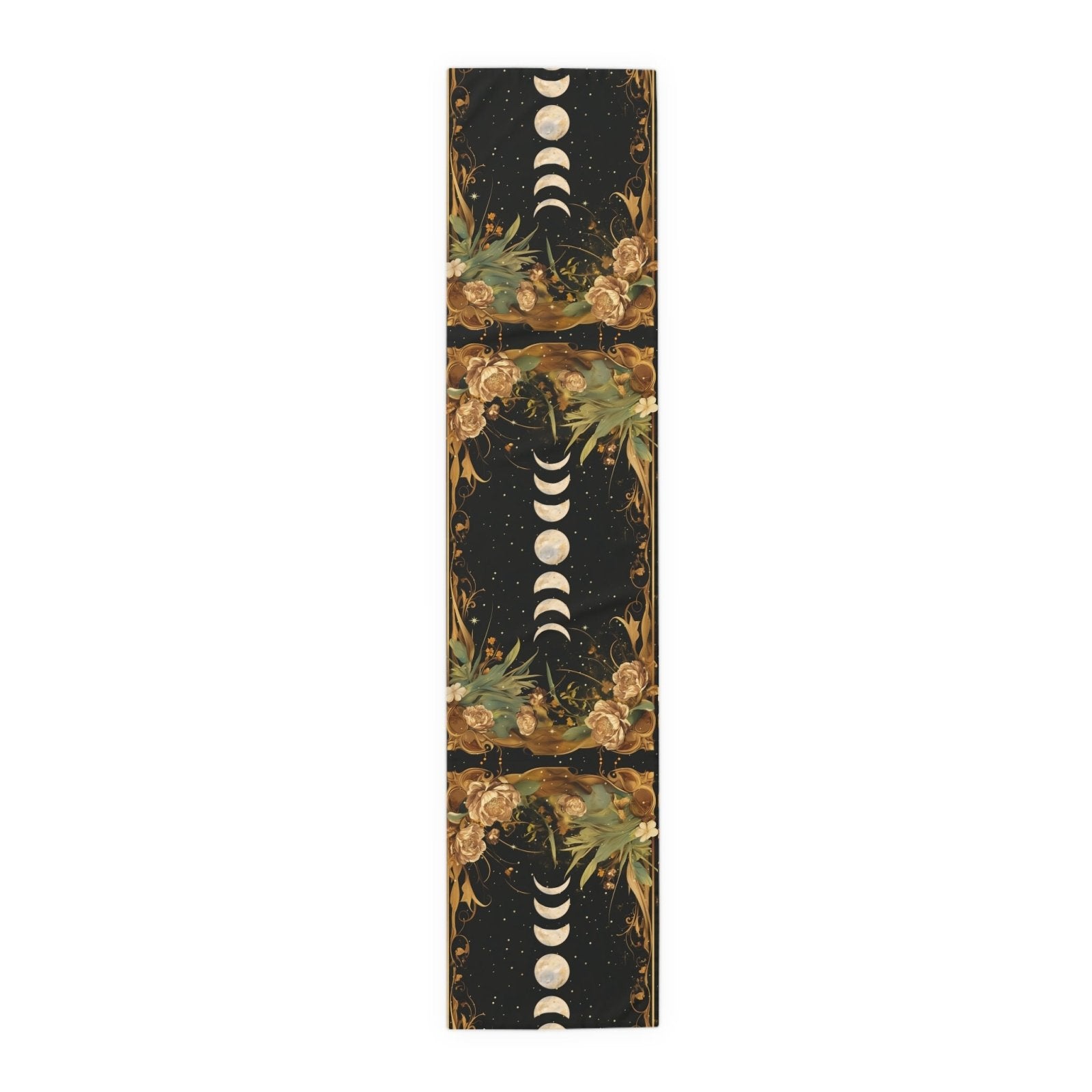 Green Gold moon phase floral whimsical dinner table runner cloth - sense forest