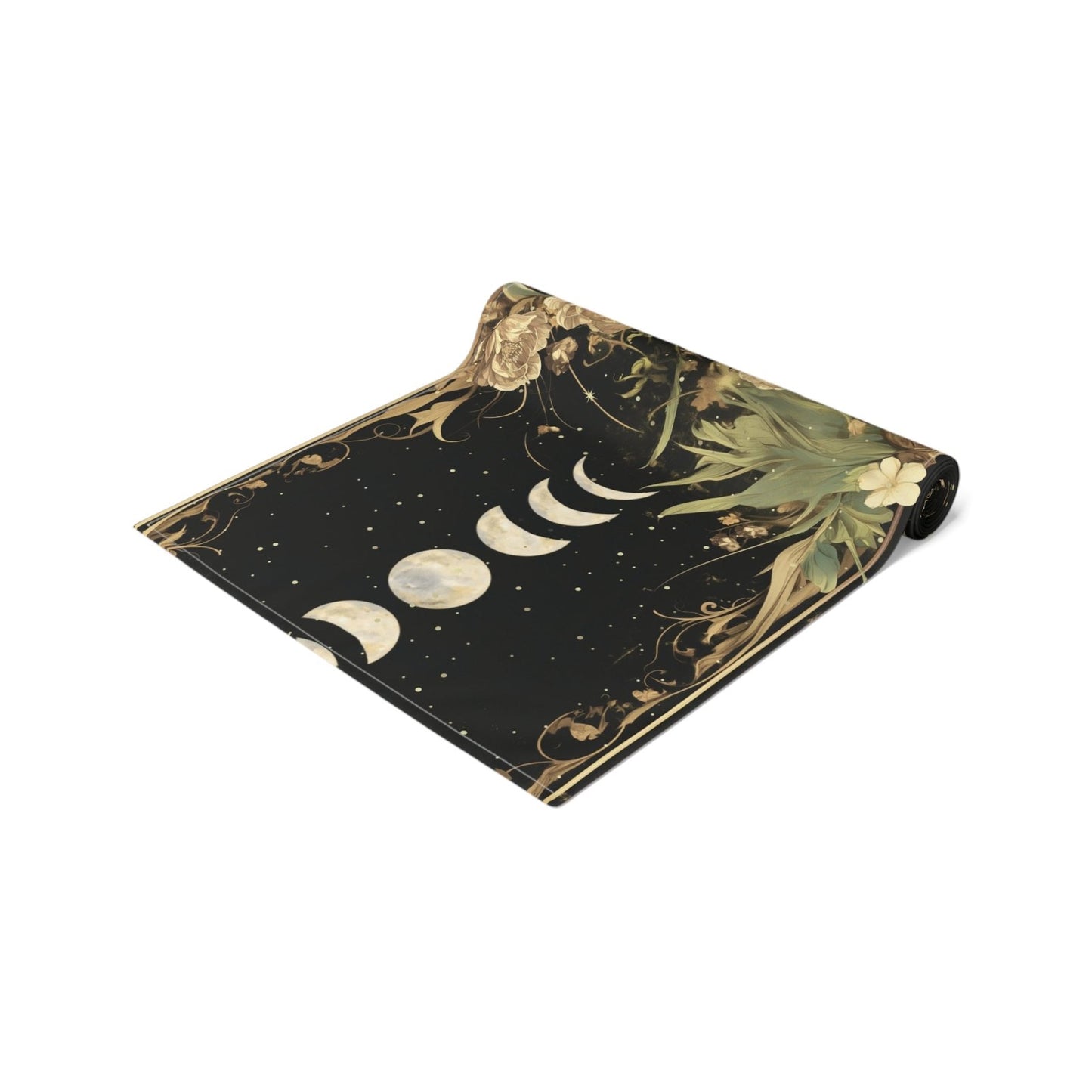 Green Gold moon phase floral whimsical dinner table runner cloth - sense forest