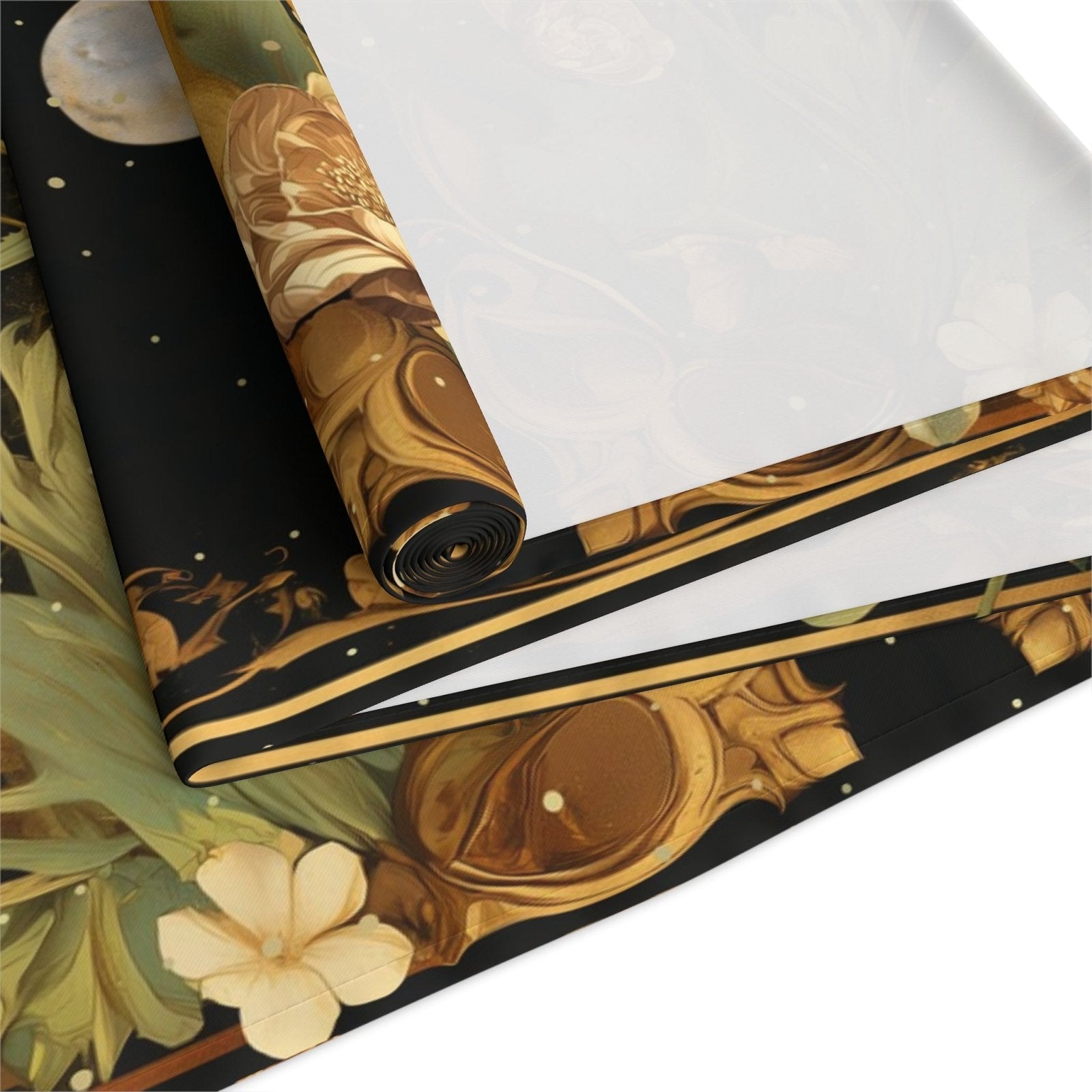 Green Gold moon phase floral whimsical dinner table runner cloth - sense forest