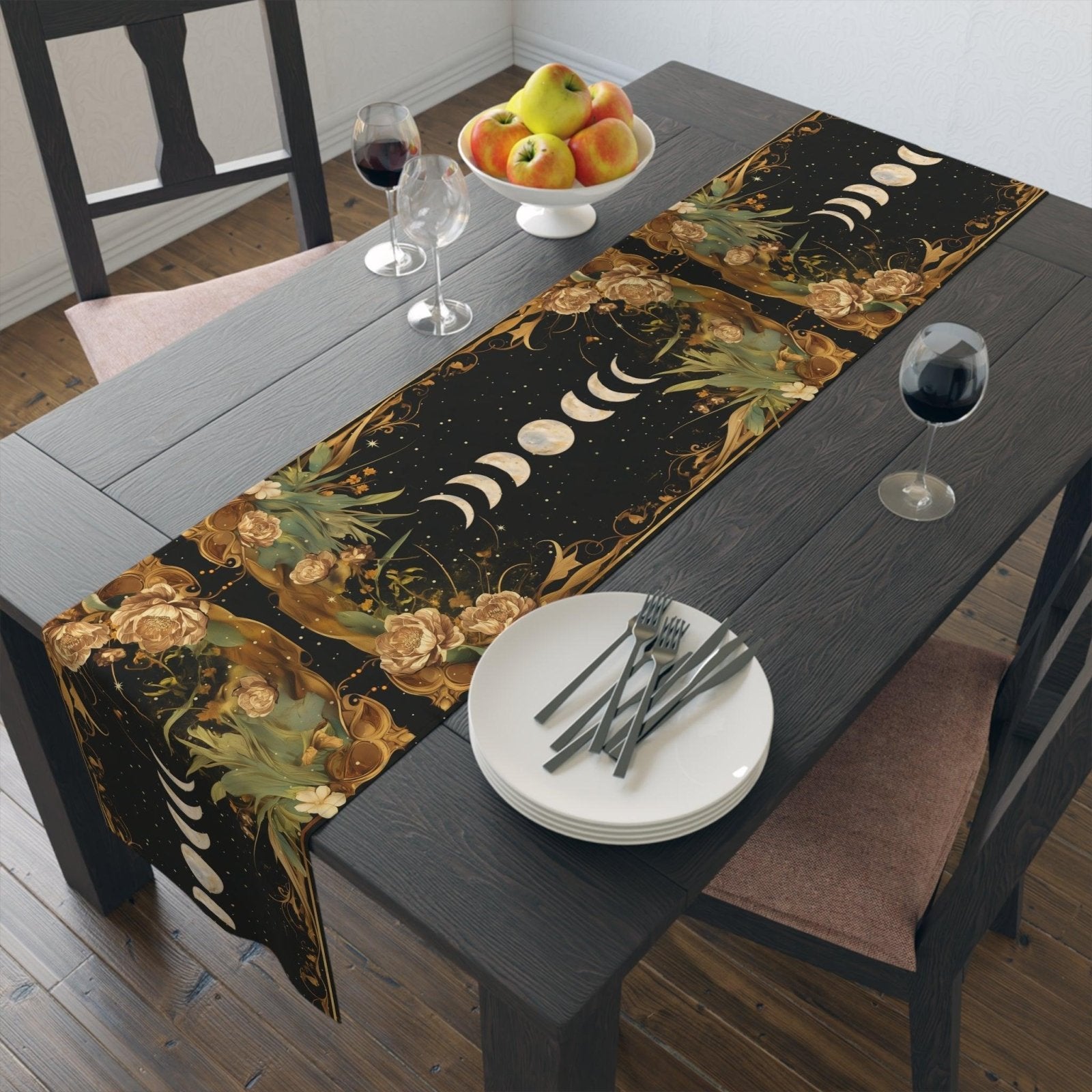 Green Gold moon phase floral whimsical dinner table runner cloth - sense forest