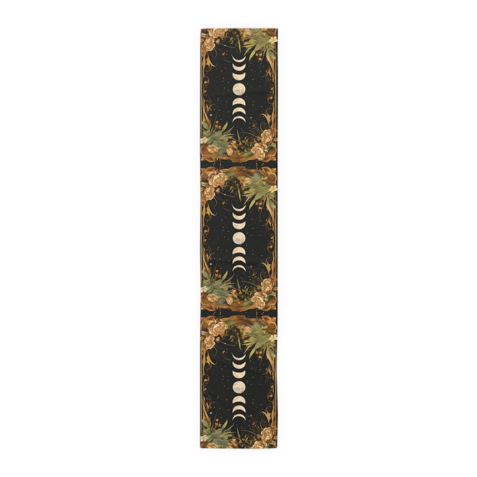 Green Gold moon phase floral whimsical dinner table runner cloth - sense forest