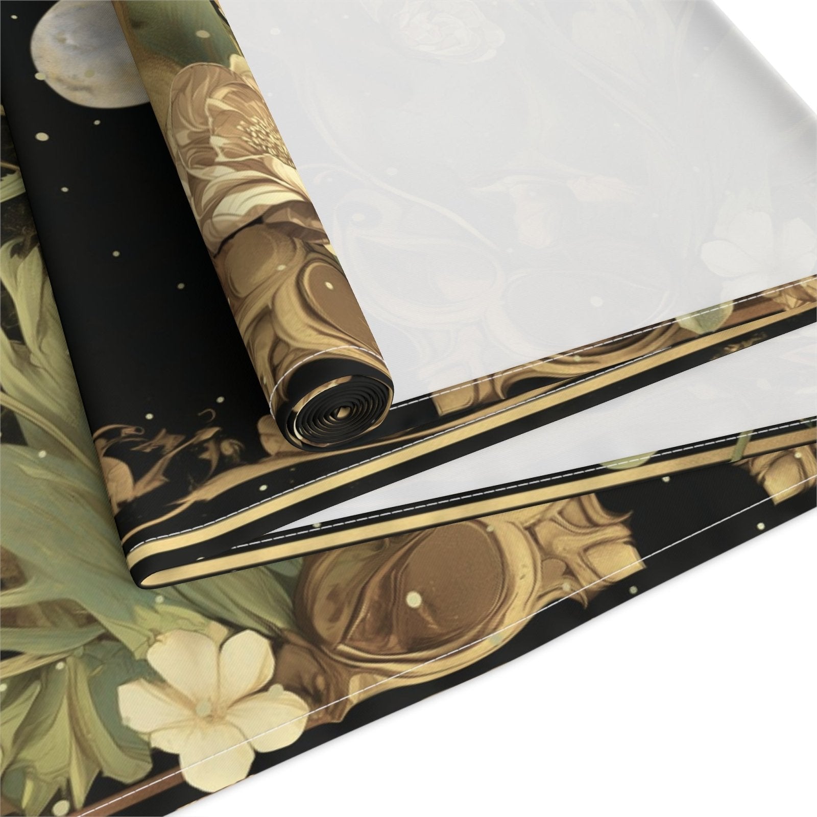 Green Gold moon phase floral whimsical dinner table runner cloth - sense forest