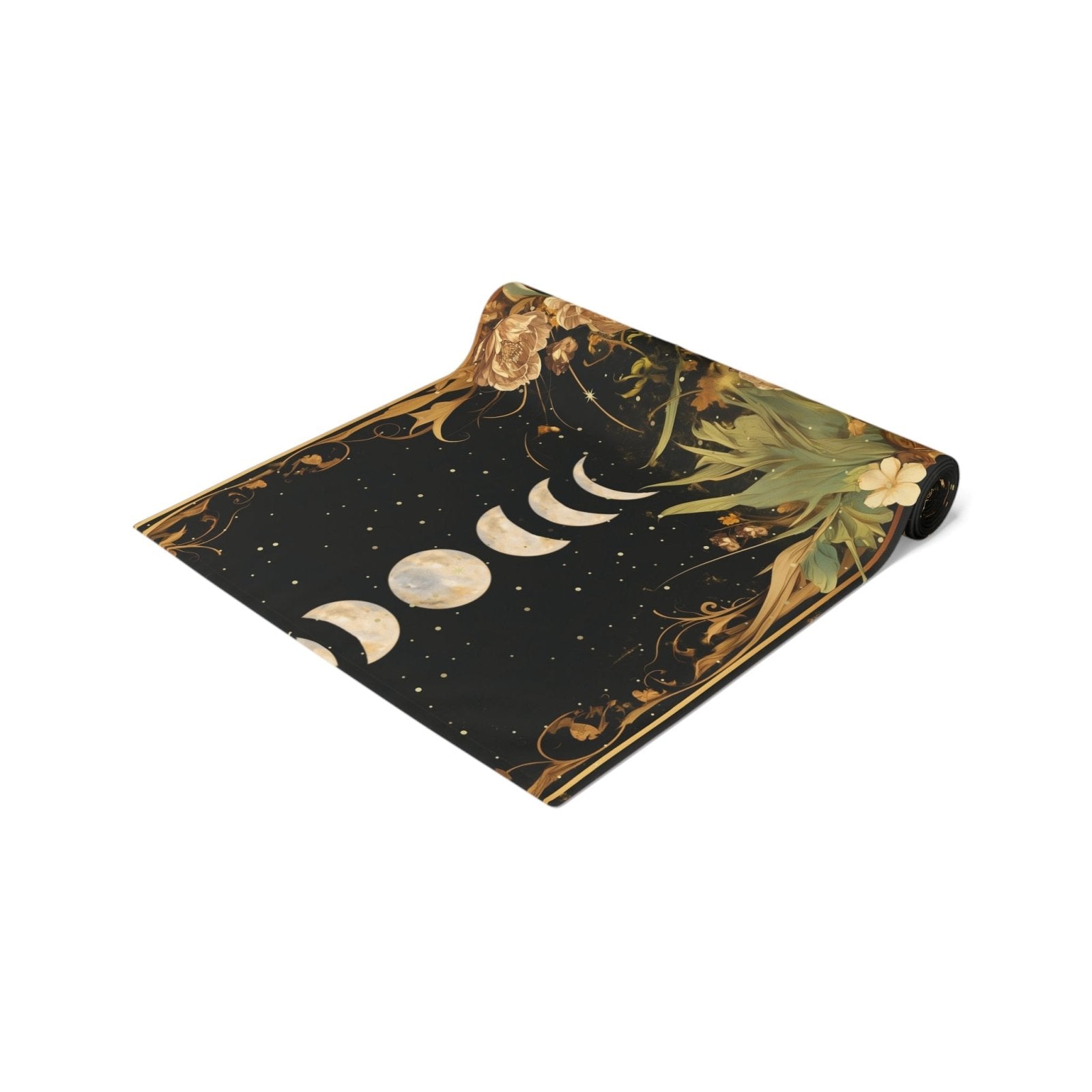 Green Gold moon phase floral whimsical dinner table runner cloth - sense forest