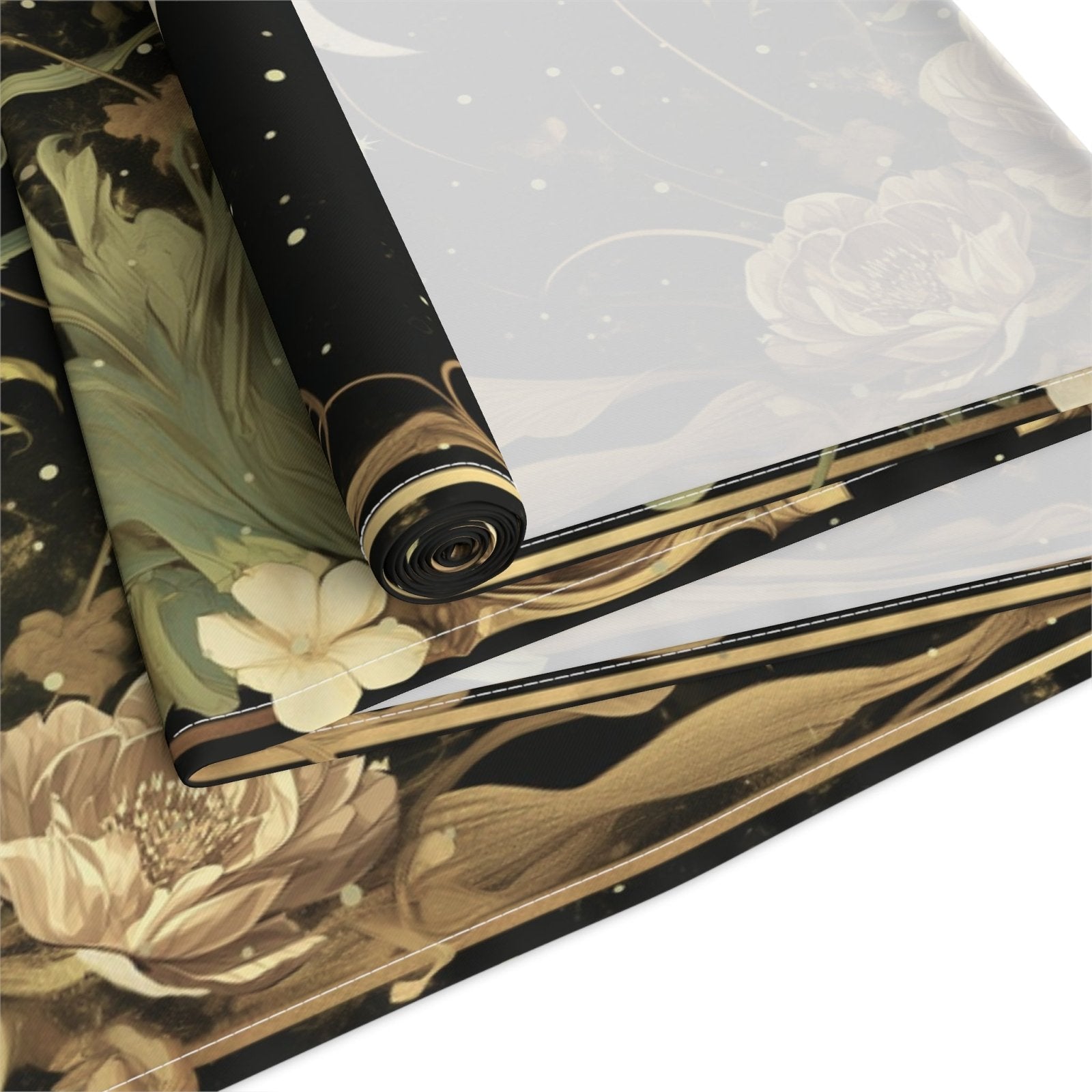 Green Gold moon phase floral whimsical dinner table runner cloth - sense forest