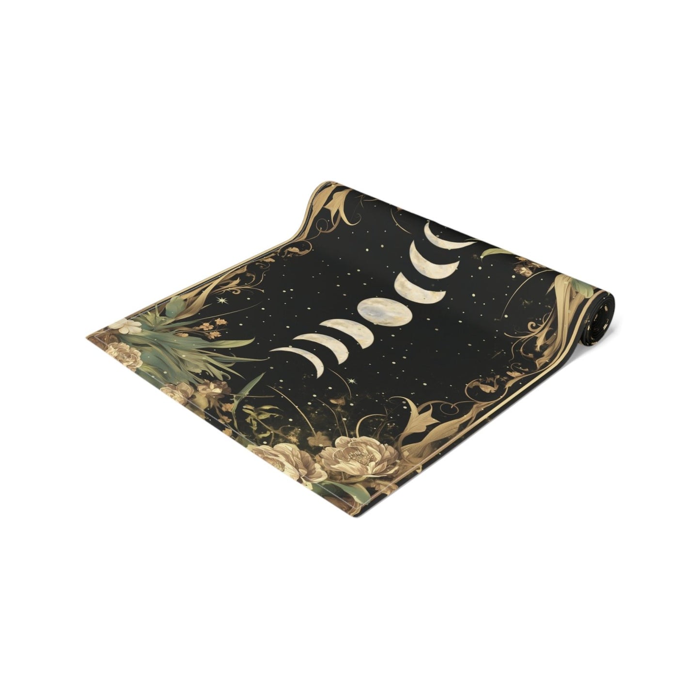 Green Gold moon phase floral whimsical dinner table runner cloth - sense forest
