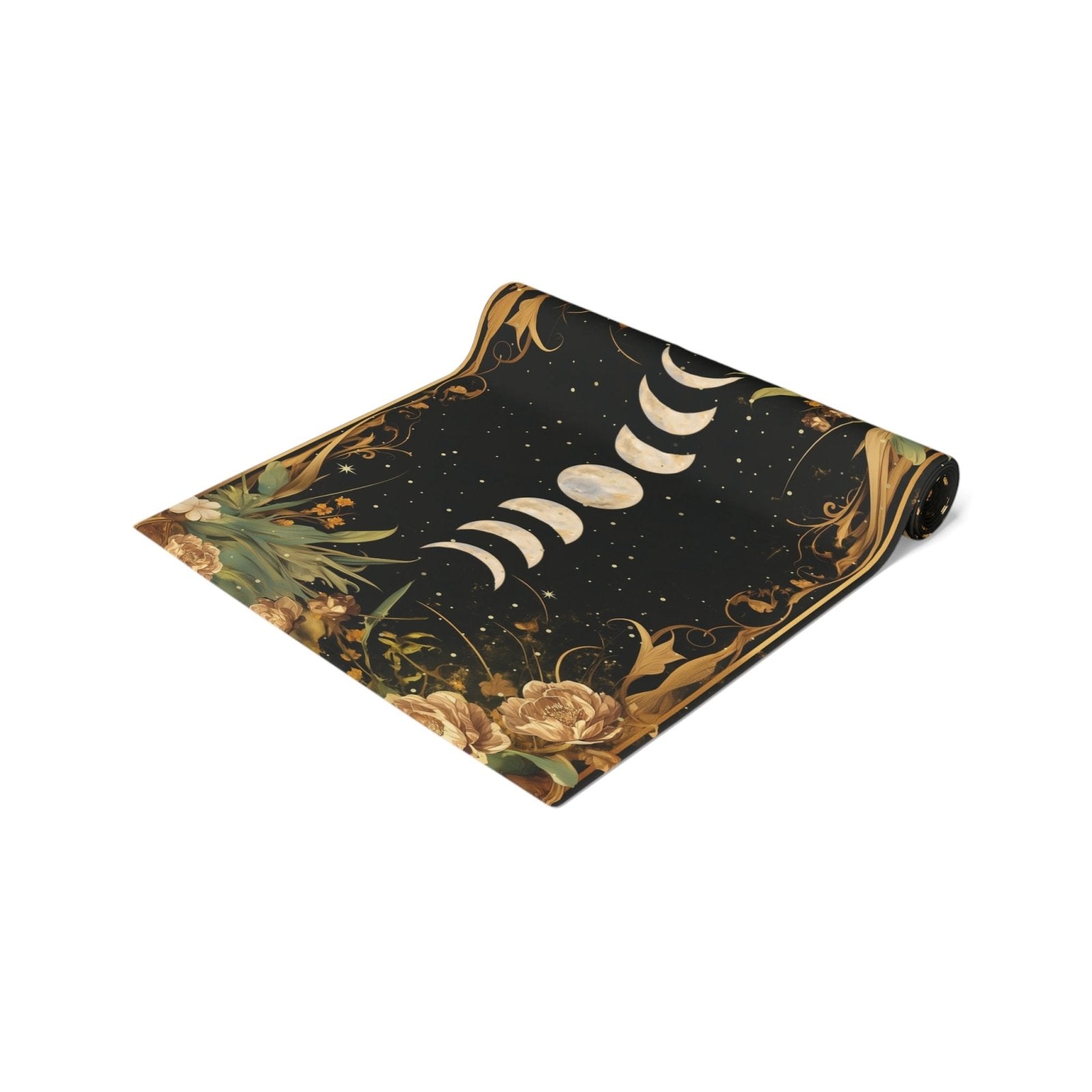 Green Gold moon phase floral whimsical dinner table runner cloth - sense forest