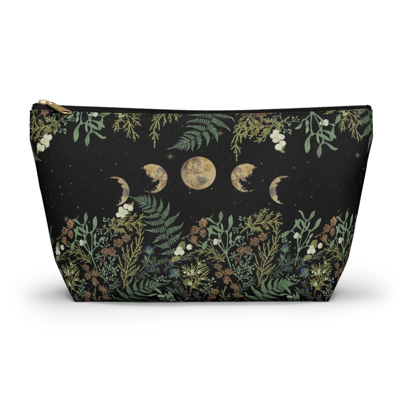 Green Witch Nature T or flat pouch, Moon Phase Forest makeup cosmetic bag, Crystal Tarot Zipper Pouch, Pencil Pouch, Toiletry Pouch - sense forest
