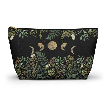 Green Witch Nature T or flat pouch, Moon Phase Forest makeup cosmetic bag, Crystal Tarot Zipper Pouch, Pencil Pouch, Toiletry Pouch - sense forest
