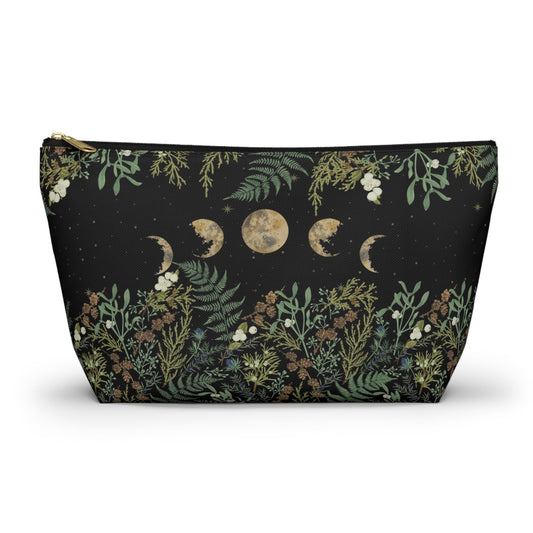 Green Witch Nature T or flat pouch, Moon Phase Forest makeup cosmetic bag, Crystal Tarot Zipper Pouch, Pencil Pouch, Toiletry Pouch - sense forest