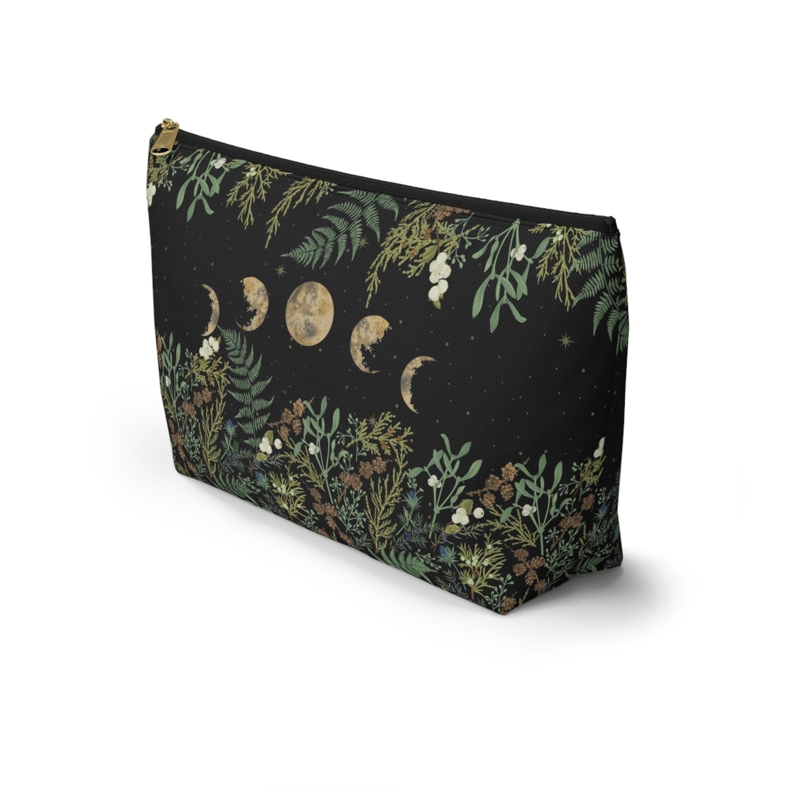 Green Witch Nature T or flat pouch, Moon Phase Forest makeup cosmetic bag, Crystal Tarot Zipper Pouch, Pencil Pouch, Toiletry Pouch - sense forest