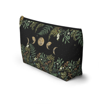 Green Witch Nature T or flat pouch, Moon Phase Forest makeup cosmetic bag, Crystal Tarot Zipper Pouch, Pencil Pouch, Toiletry Pouch - sense forest