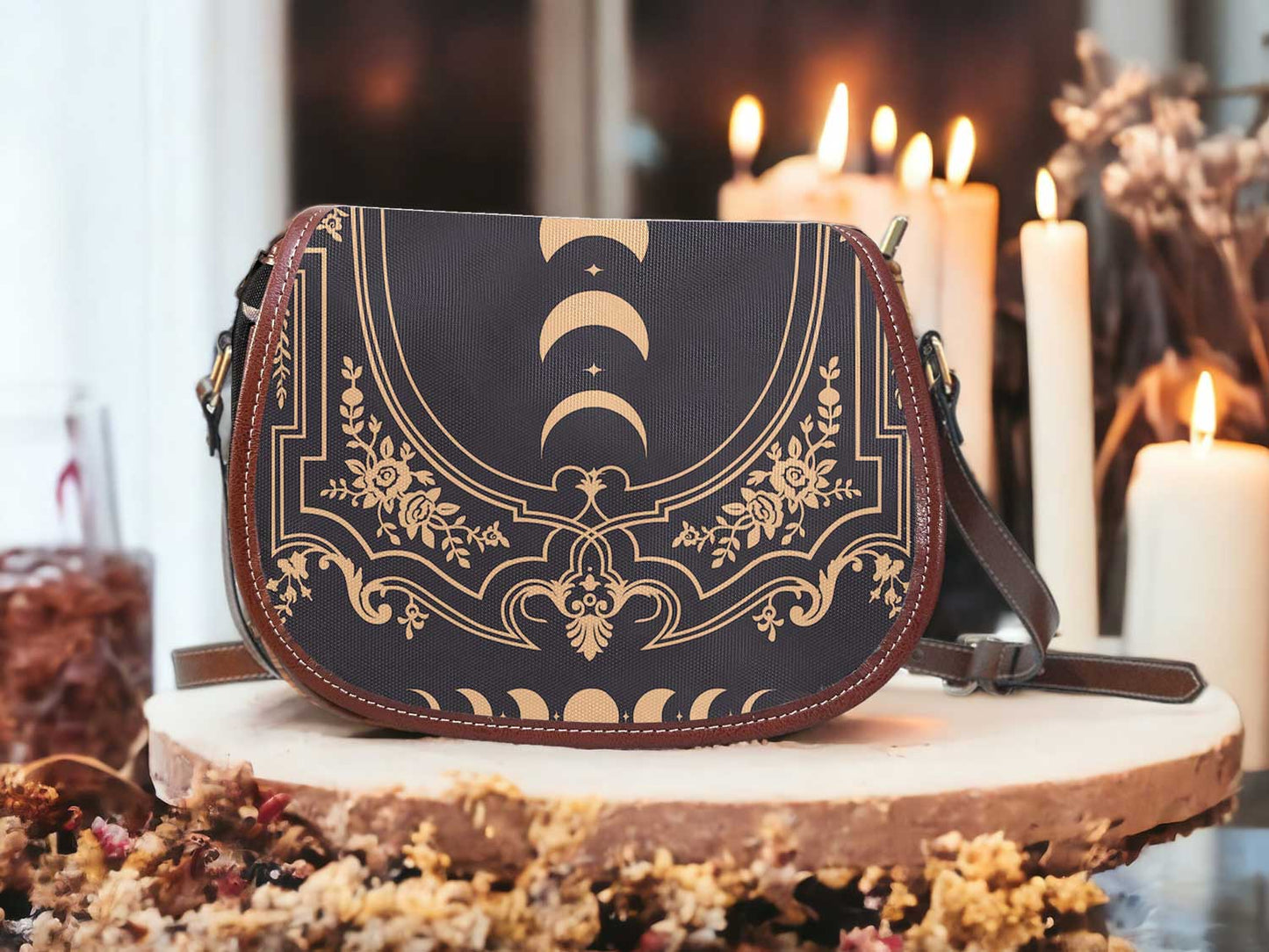 Hippies Goth Moon phases Grey Canvas saddle bag - sense forest