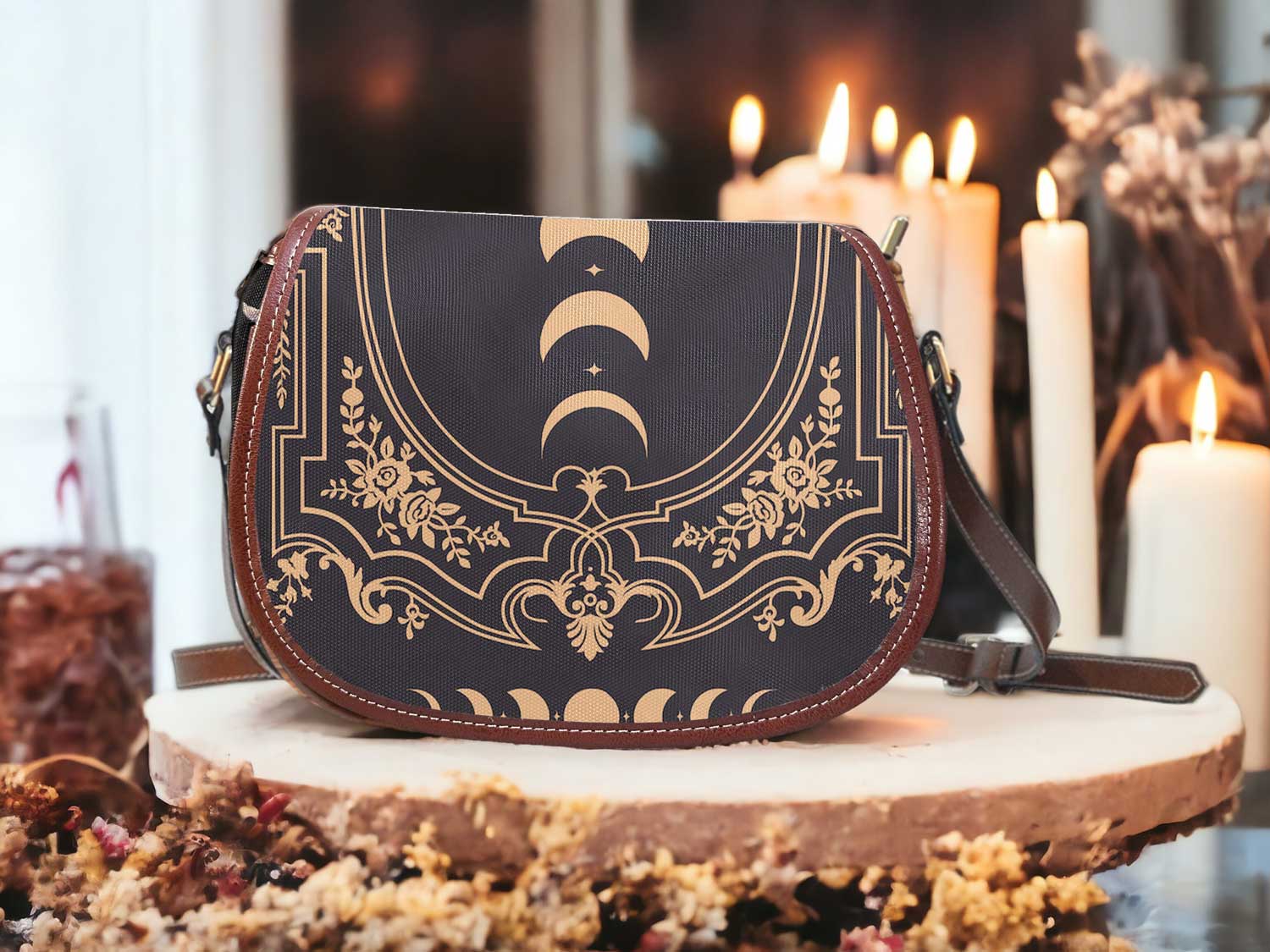 Hippies Goth Moon phases Grey Canvas saddle bag - sense forest
