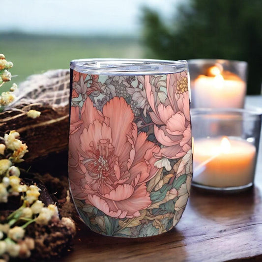 Japanese Coral Peony watercolor 12oz Stainless Steel Wine Tumbler | Sense Forest - sense forest