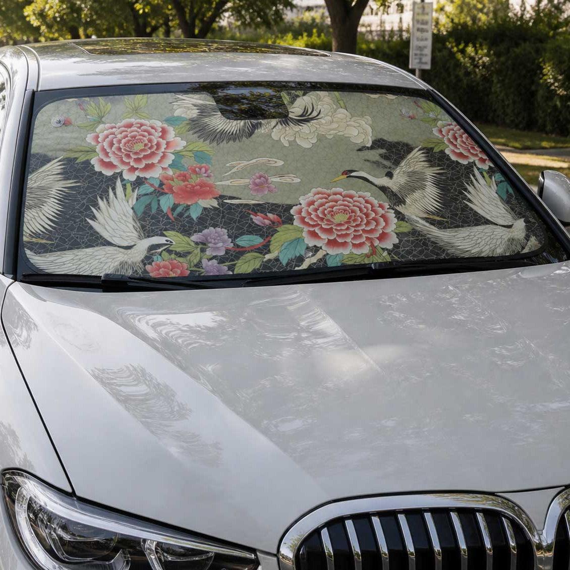 Japanese Crane Peony Car Windshield Sun Shade | Sense Forest - sense forest