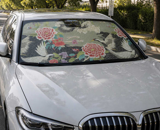 Japanese Crane Peony Car Windshield Sun Shade | Sense Forest - sense forest
