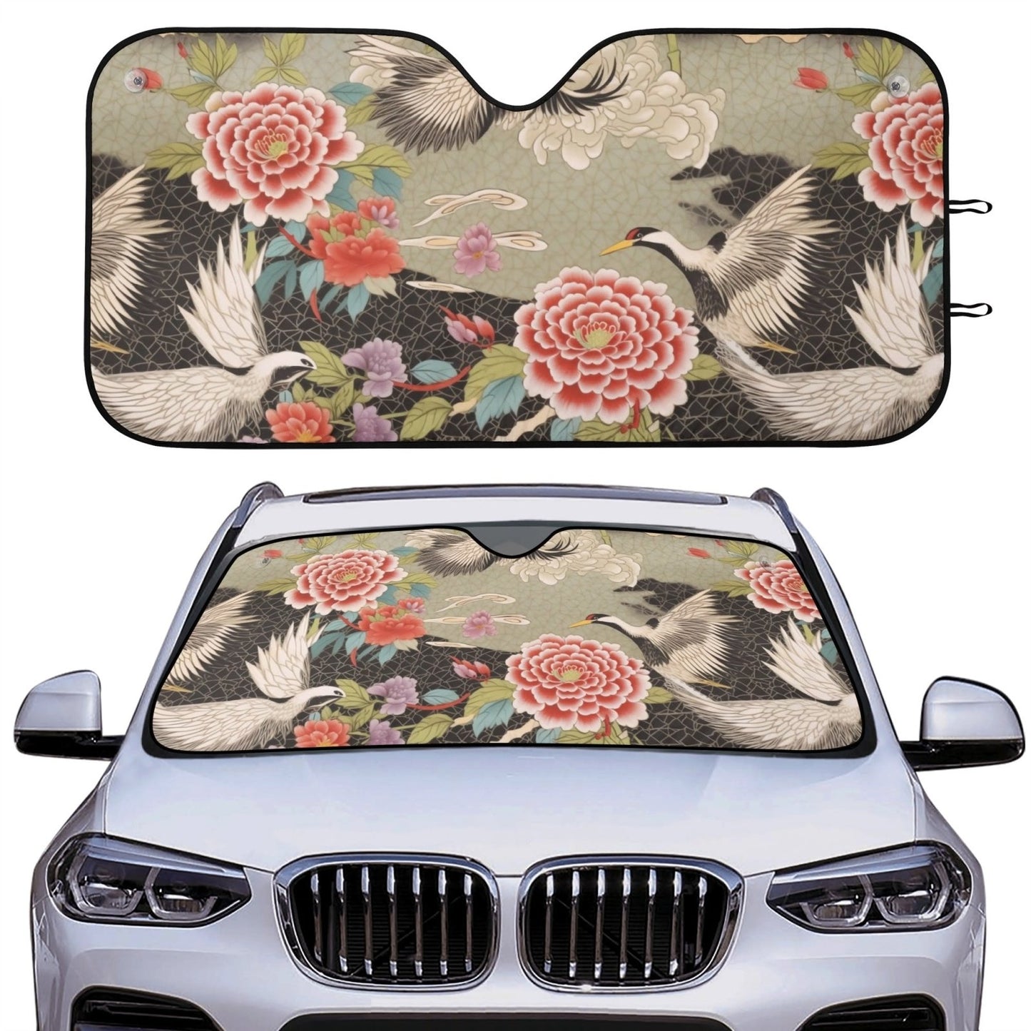 Japanese Crane Peony Car Windshield Sun Shade | Sense Forest - sense forest