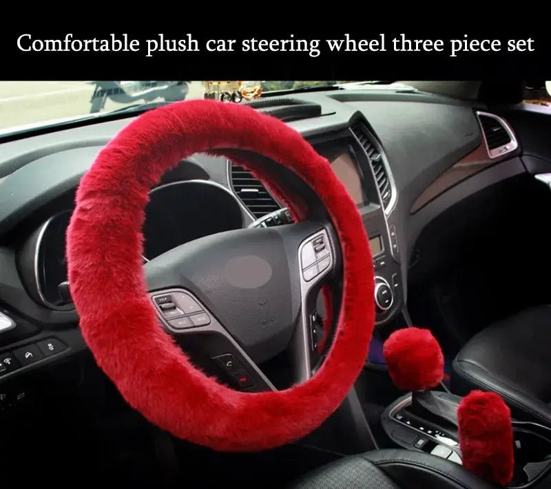 Kawaii Furry Car Steering Wheel Cover 3 Pcs Set - sense forest