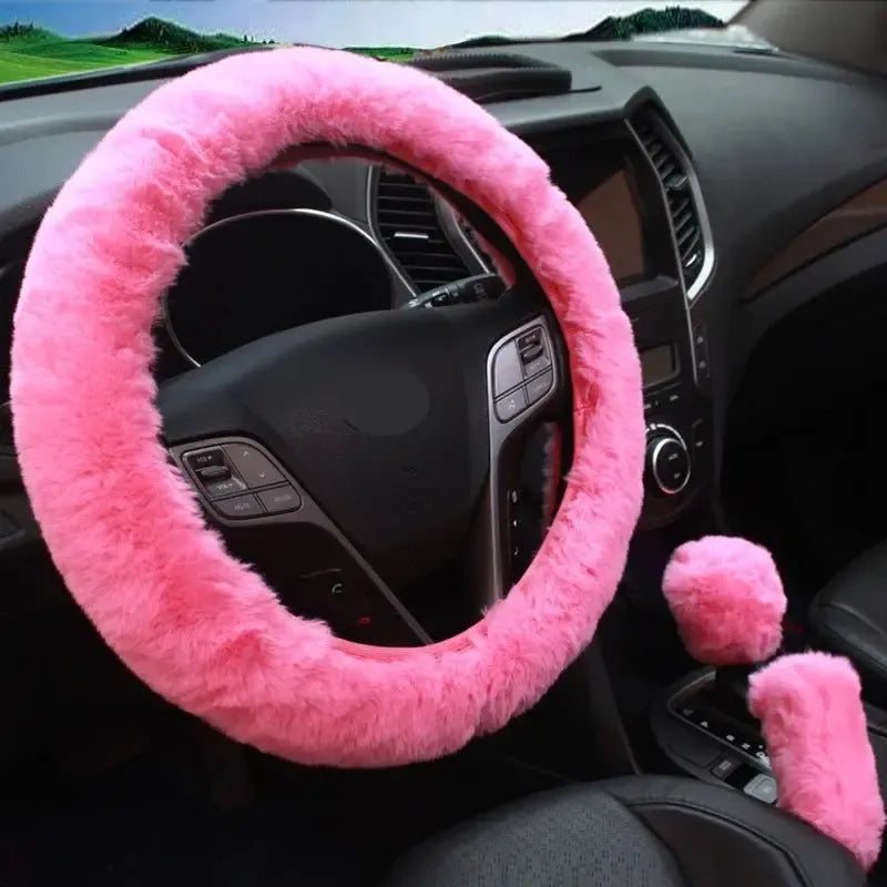 Kawaii Furry Car Steering Wheel Cover 3 Pcs Set - sense forest