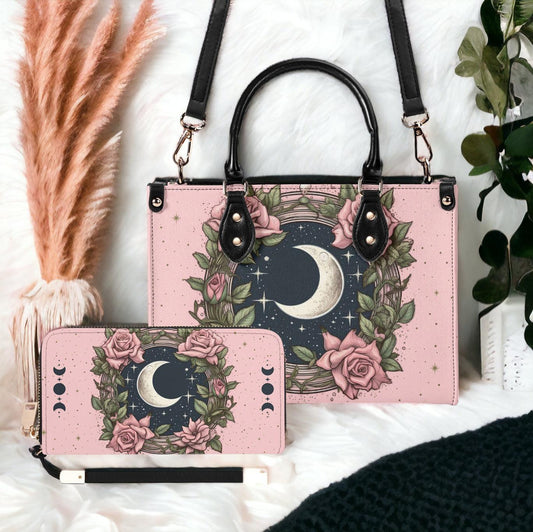 Kawaii goth Pink Rose moon Handbag and Wallet Set | Sense Forest - sense forest