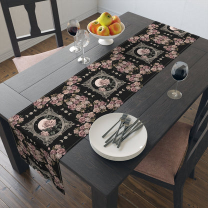 Kawaii goth Pink rose moon witchy table runner, Whimsical dark boho dining room home decor, New home housewarming gift - sense forest
