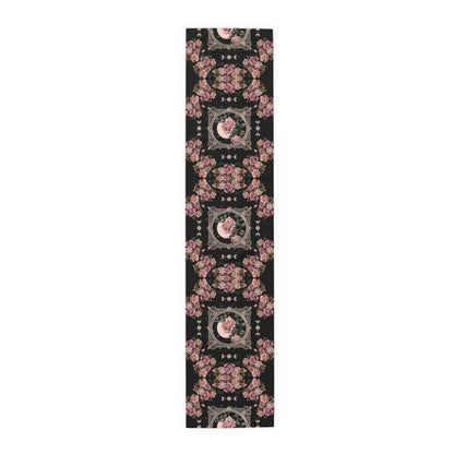 Kawaii goth Pink rose moon witchy table runner, Whimsical dark boho dining room home decor, New home housewarming gift - sense forest