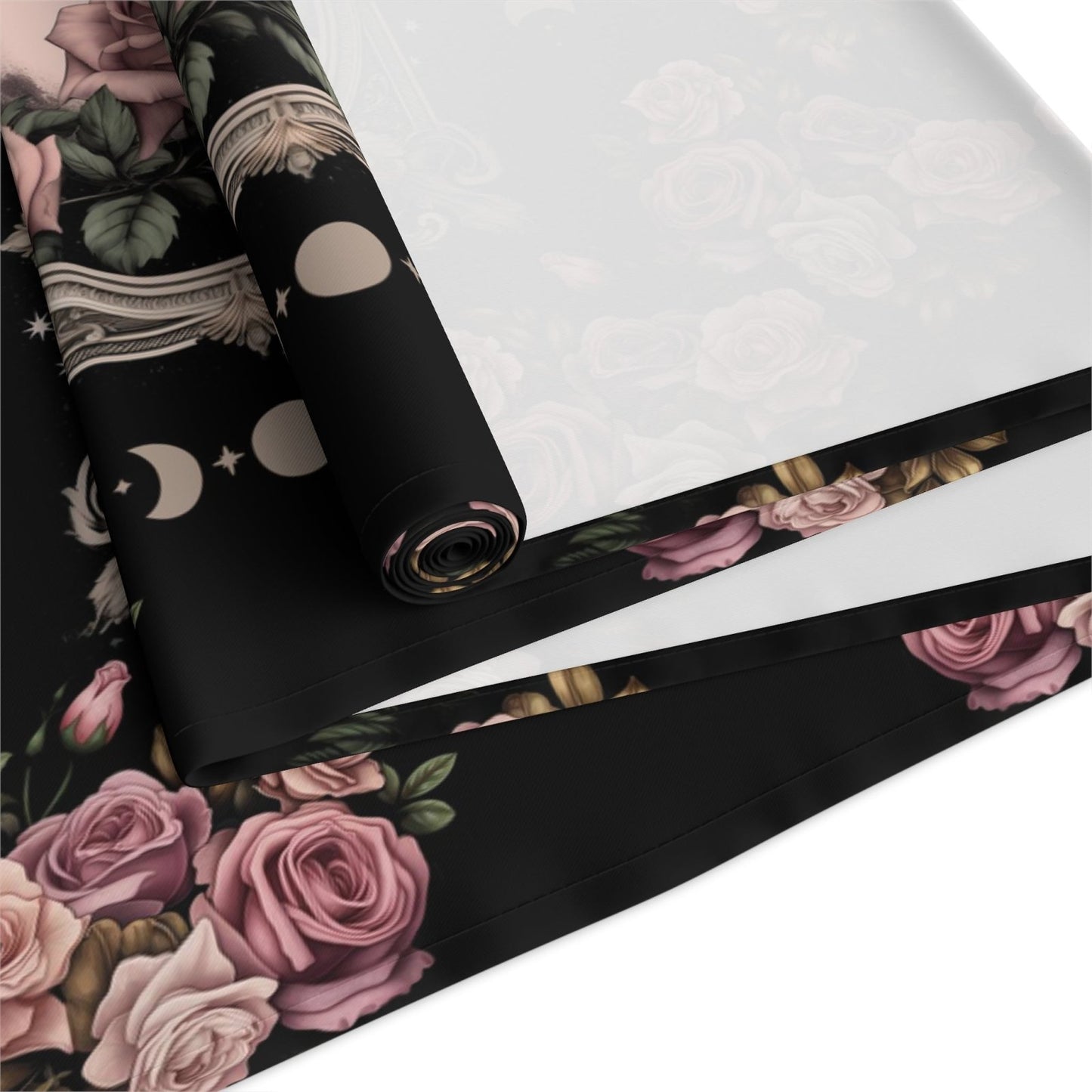 Kawaii goth Pink rose moon witchy table runner, Whimsical dark boho dining room home decor, New home housewarming gift - sense forest