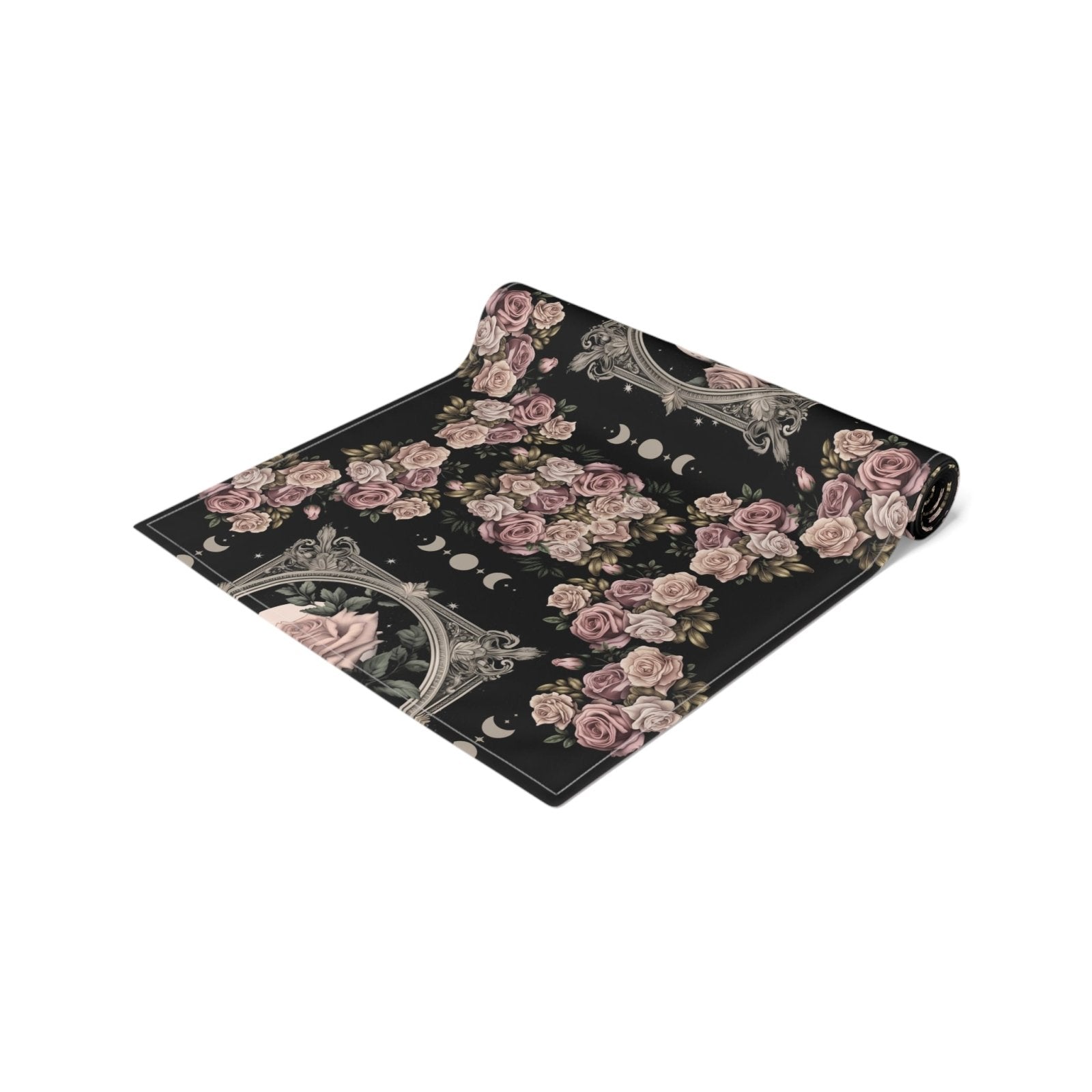 Kawaii goth Pink rose moon witchy table runner, Whimsical dark boho dining room home decor, New home housewarming gift - sense forest