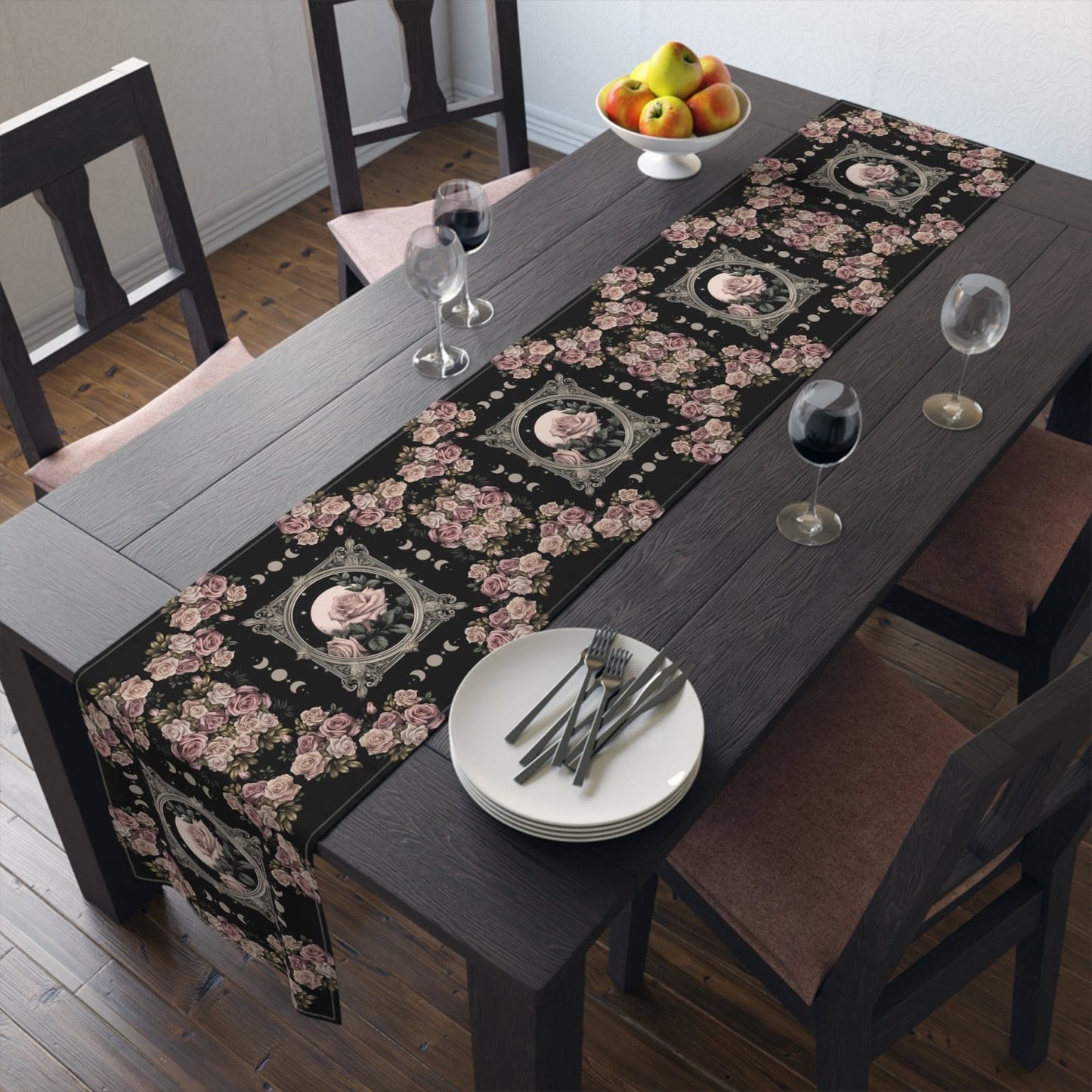 Kawaii goth Pink rose moon witchy table runner, Whimsical dark boho dining room home decor, New home housewarming gift - sense forest