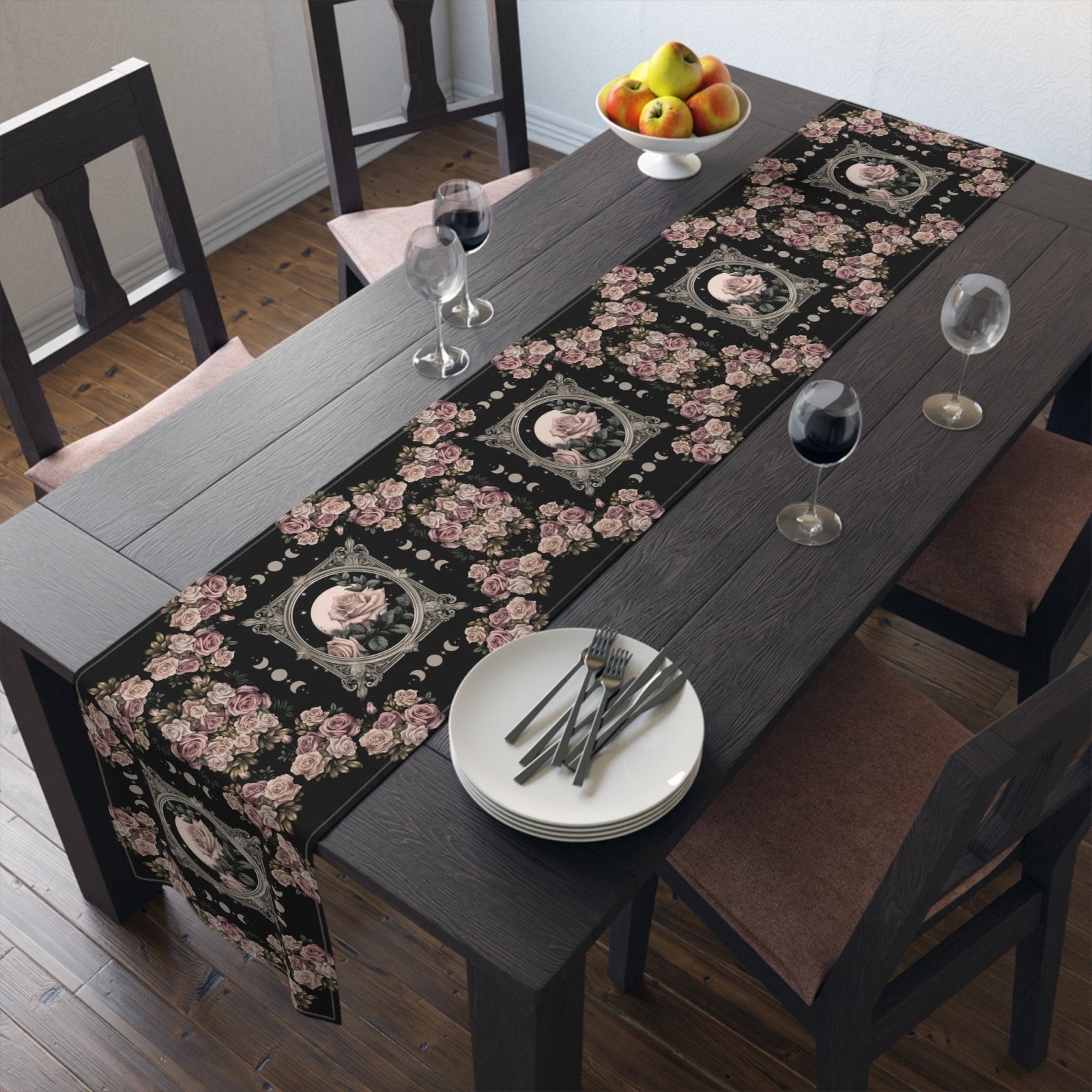 Kawaii goth Pink rose moon witchy table runner, Whimsical dark boho dining room home decor, New home housewarming gift - sense forest