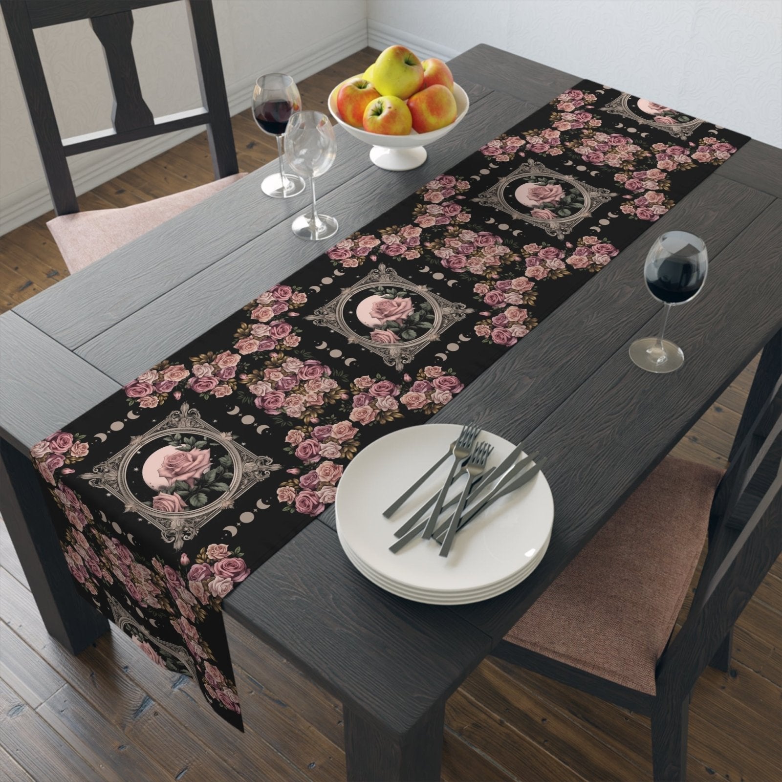Kawaii goth Pink rose moon witchy table runner, Whimsical dark boho dining room home decor, New home housewarming gift - sense forest