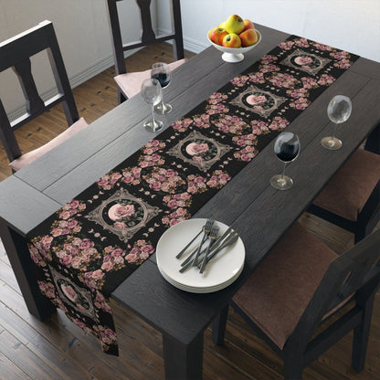 Kawaii goth Pink rose moon witchy table runner, Whimsical dark boho dining room home decor, New home housewarming gift - sense forest