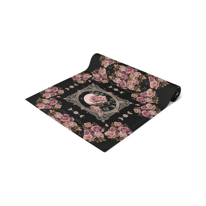 Kawaii goth Pink rose moon witchy table runner, Whimsical dark boho dining room home decor, New home housewarming gift - sense forest