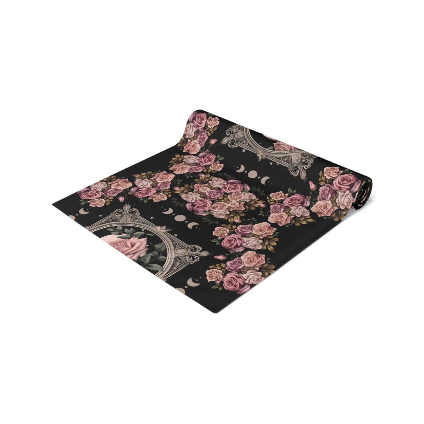 Kawaii goth Pink rose moon witchy table runner, Whimsical dark boho dining room home decor, New home housewarming gift - sense forest
