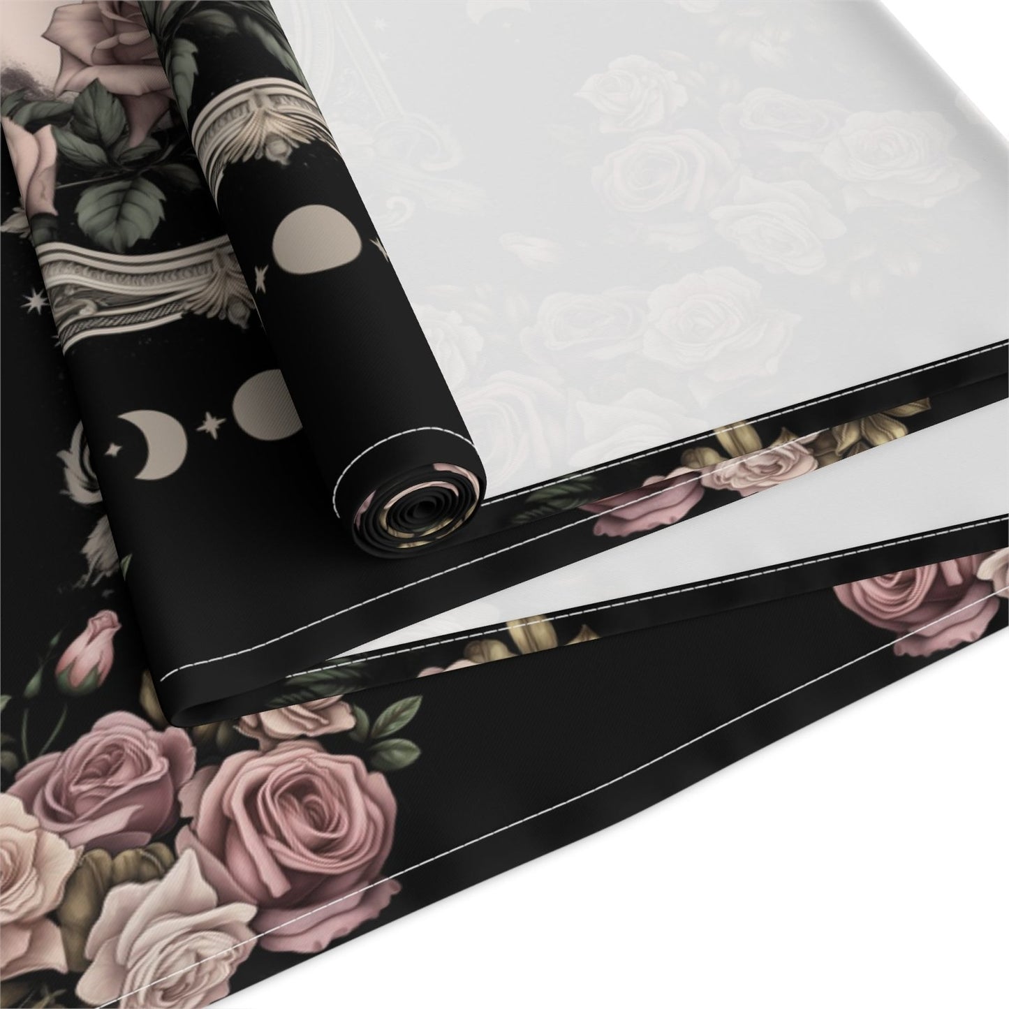 Kawaii goth Pink rose moon witchy table runner, Whimsical dark boho dining room home decor, New home housewarming gift - sense forest