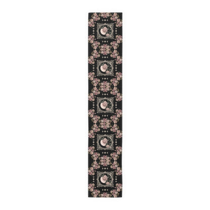 Kawaii goth Pink rose moon witchy table runner, Whimsical dark boho dining room home decor, New home housewarming gift - sense forest
