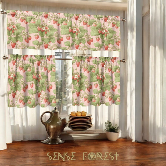 Kawaii Strawberry cottagecore Kitchen Curtain Valance Tiers Set | Sense Forest - sense forest
